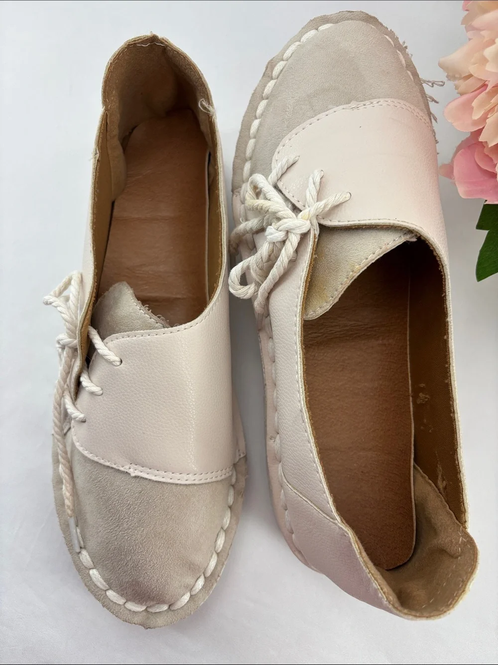 Fashion Women's 9.5 Casual Lace-Up Leather/Suede Flats - White & Cream #743